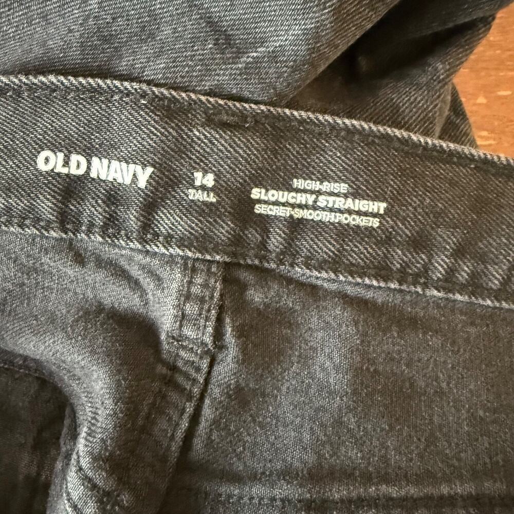 OLD NAVY DISTRESS HIGH RISE SLOUCHY CURVY STRAIGHT BLACK JEANS 14T Black - Picture 3 of 10
